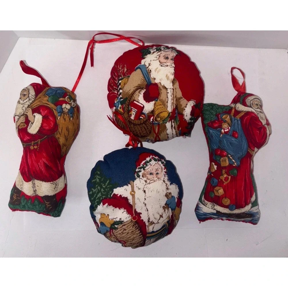 4 Vintage Fabric Pillow Christmas Ornaments Father Christmas Santa